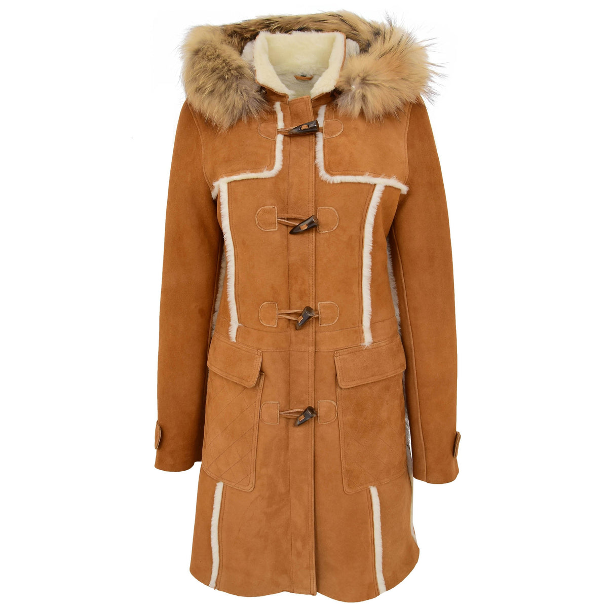 Womens Sheepskin Duffle Coat 3/4 Length Parka Beth Tan White - genuine sheepskin coat in tan white with two outer pockets