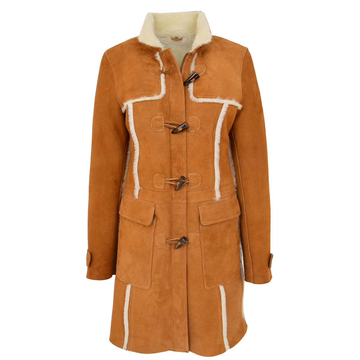 Womens Sheepskin Duffle Coat 3/4 Length Parka Beth Tan White - genuine sheepskin coat in tan white with duffle