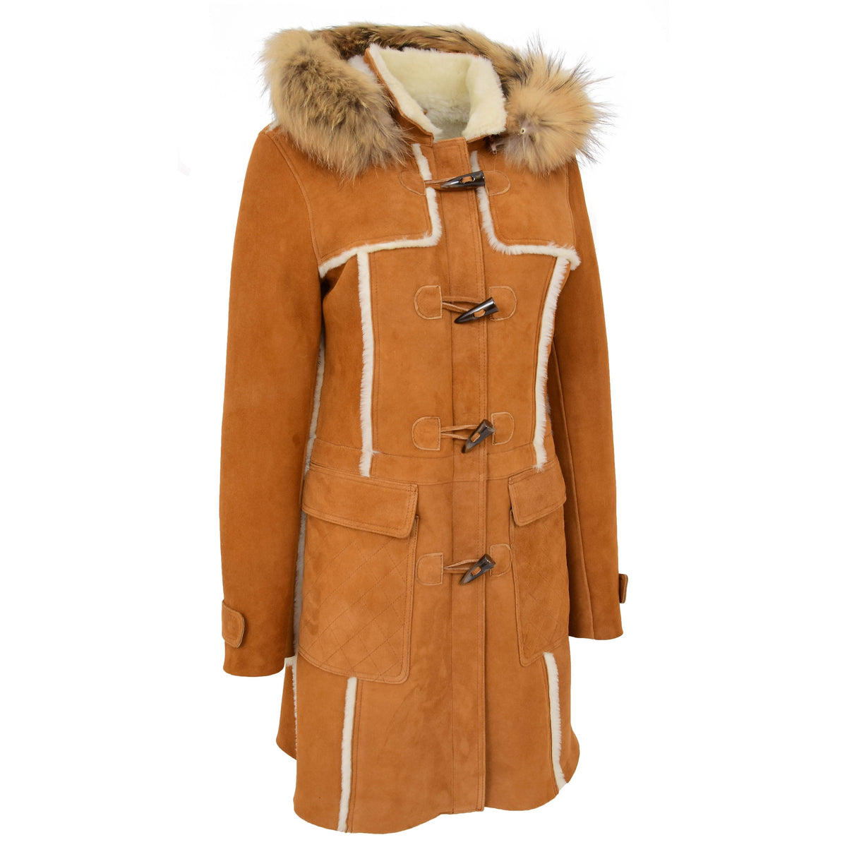 Womens Sheepskin Duffle Coat 3/4 Length Parka Beth Tan White - genuine sheepskin coat in tan white with parka