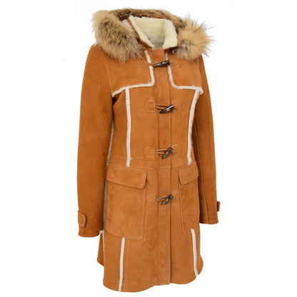 Womens Sheepskin Duffle Coat 3/4 Length Parka Beth Tan White - genuine sheepskin coat in tan white with parka