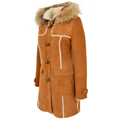 Womens Sheepskin Duffle Coat 3/4 Length Parka Beth Tan White - genuine sheepskin coat in tan white with 3/4 length