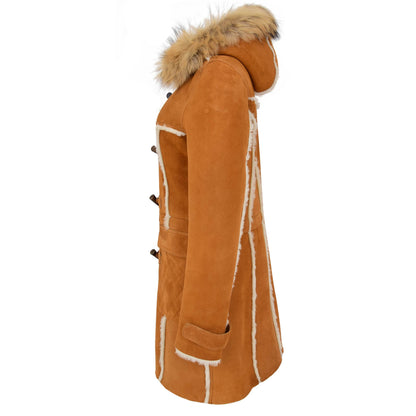 Womens Sheepskin Duffle Coat 3/4 Length Parka Beth Tan White - genuine sheepskin coat in tan white with two outer pockets