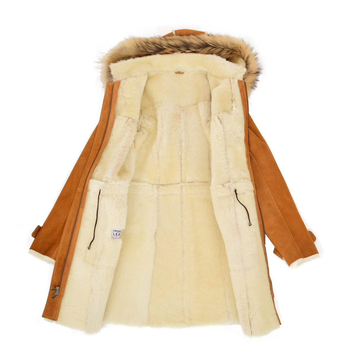 Womens Sheepskin Duffle Coat 3/4 Length Parka Beth Tan White - genuine sheepskin coat in tan white with duffle