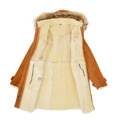 Womens Sheepskin Duffle Coat 3/4 Length Parka Beth Tan White - genuine sheepskin coat in tan white with duffle