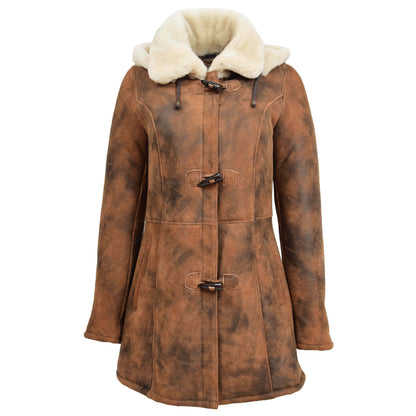 Womens Sheepskin Duffle Coat Mid Length Ellen Vintage Brown - genuine sheepskin coat in vintage brown with two outer pockets