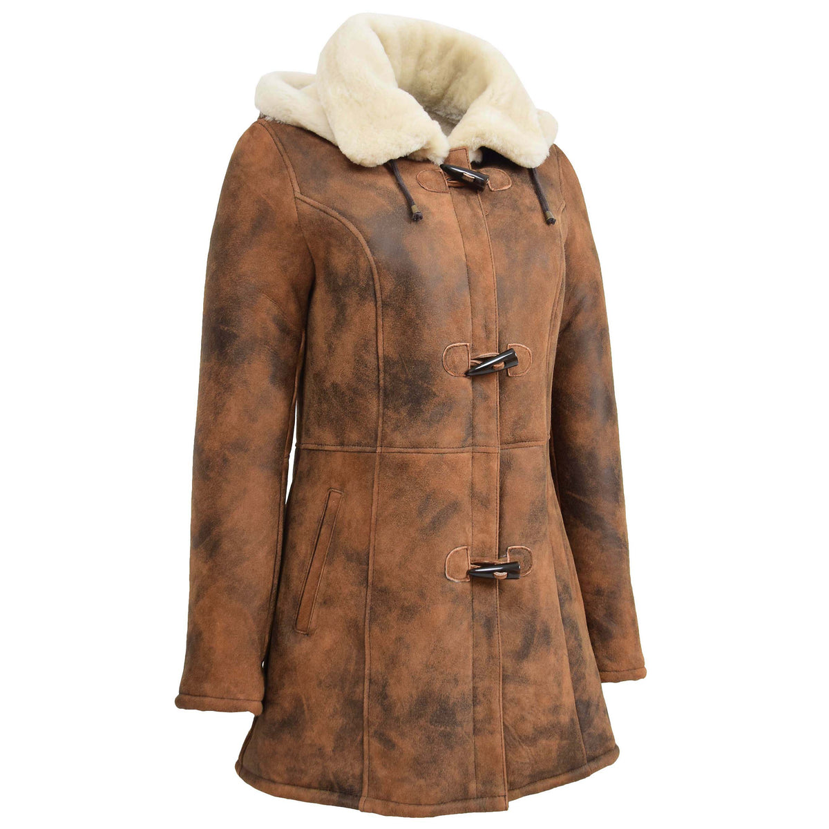 Womens Sheepskin Duffle Coat Mid Length Ellen Vintage Brown - genuine sheepskin coat in vintage brown with vintage