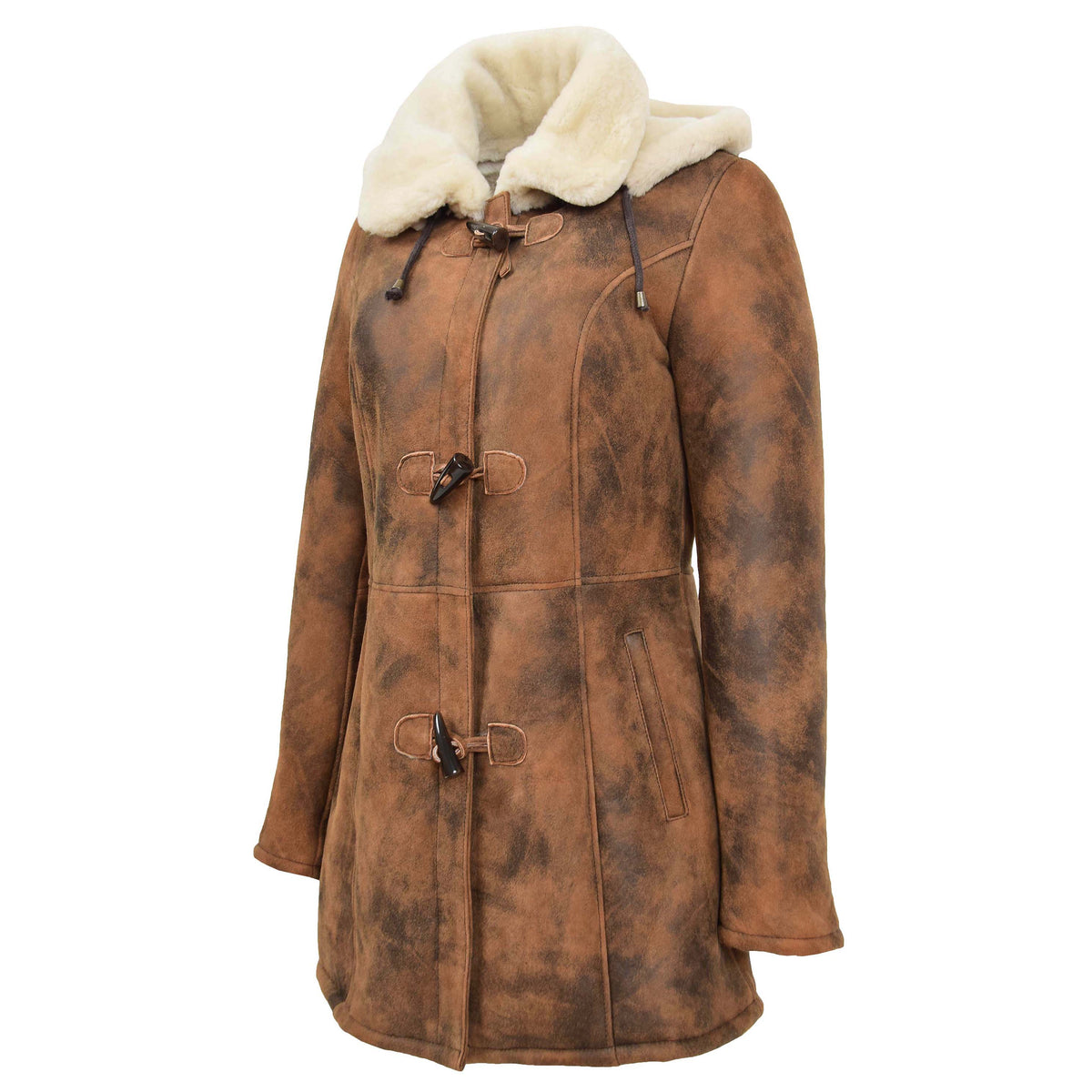 Womens Sheepskin Duffle Coat Mid Length Ellen Vintage Brown - genuine sheepskin coat in vintage brown with duffle