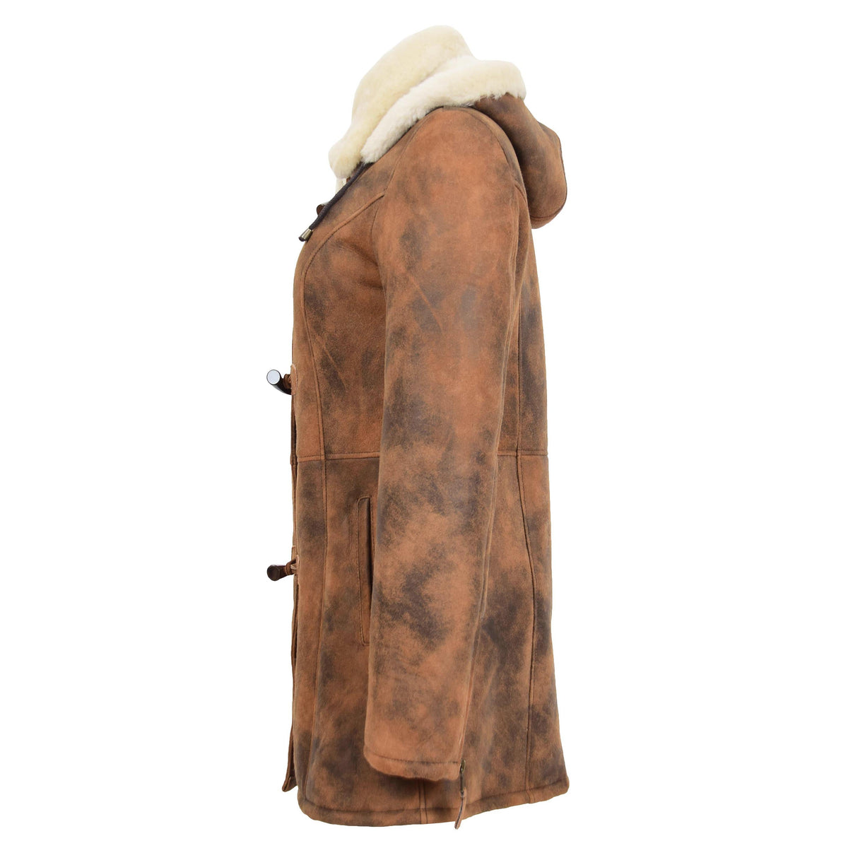 Womens Sheepskin Duffle Coat Mid Length Ellen Vintage Brown - genuine sheepskin coat in vintage brown with two outer pockets