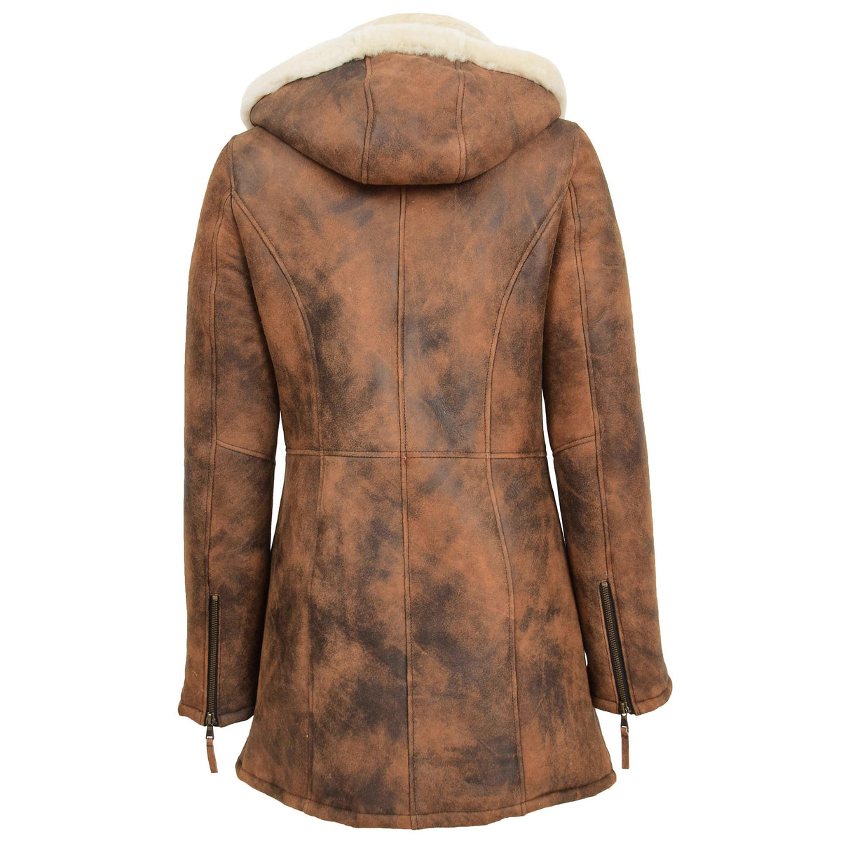 Womens Sheepskin Duffle Coat Mid Length Ellen Vintage Brown - genuine sheepskin coat in vintage brown with duffle