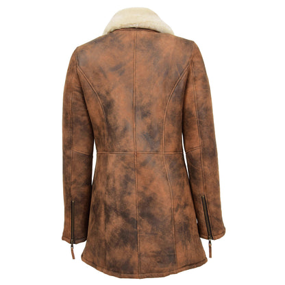 Womens Sheepskin Duffle Coat Mid Length Ellen Vintage Brown - genuine sheepskin coat in vintage brown with two outer pockets