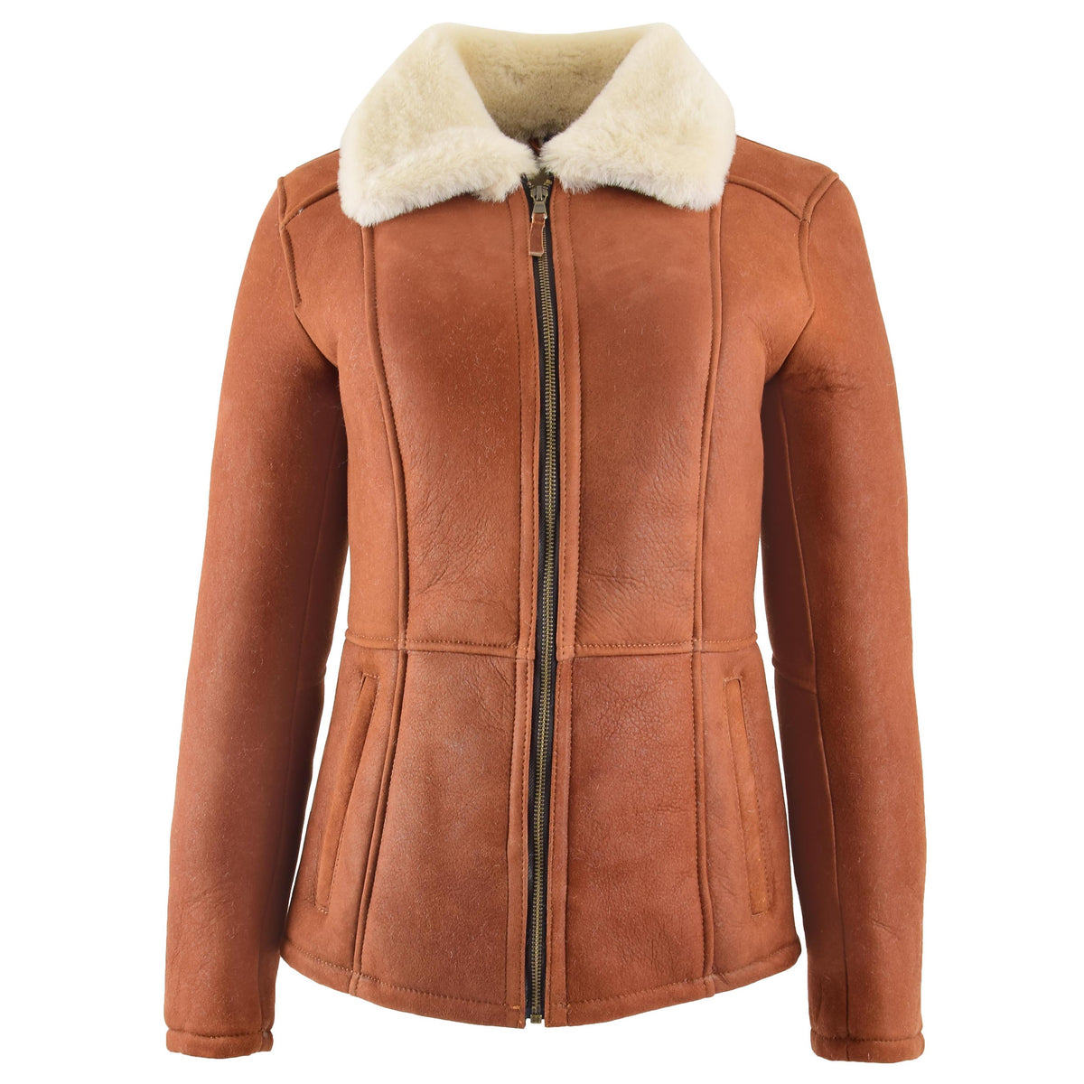 Womens Sheepskin Mid Length Coat Scarlett Whiskey - genuine sheepskin coat with two outer pockets