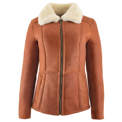Womens Sheepskin Mid Length Coat Scarlett Whiskey - genuine sheepskin coat with two outer pockets
