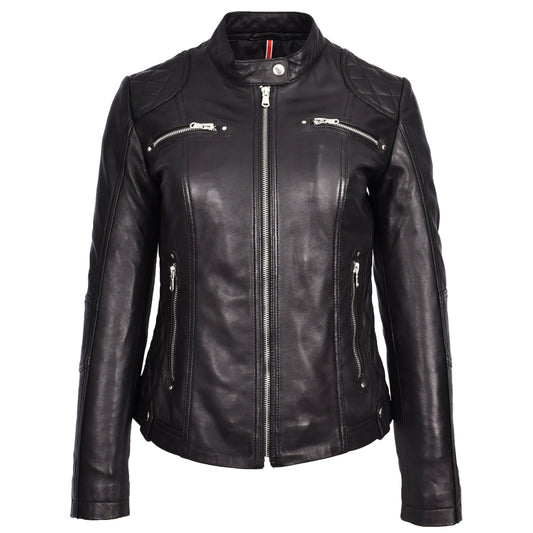 Womens Soft Black Leather Biker Jacket Fitted Quilted Casual Cafe Racer Style Zip Fasten Fiona - genuine leather jacket with quilted