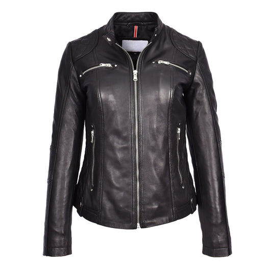 Womens Soft Black Leather Biker Jacket Fitted Quilted Casual Cafe Racer Style Zip Fasten Fiona - genuine leather jacket with fitted