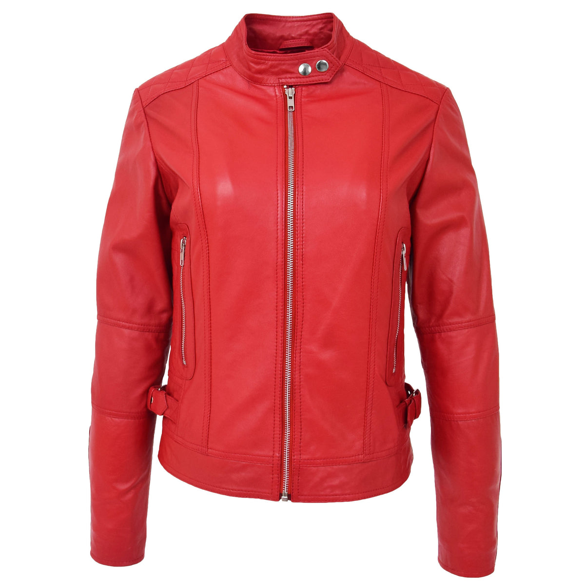 Womens Soft Leather Casual Zip Biker Jacket Ruby Red - genuine leather jacket in red with two outer pockets