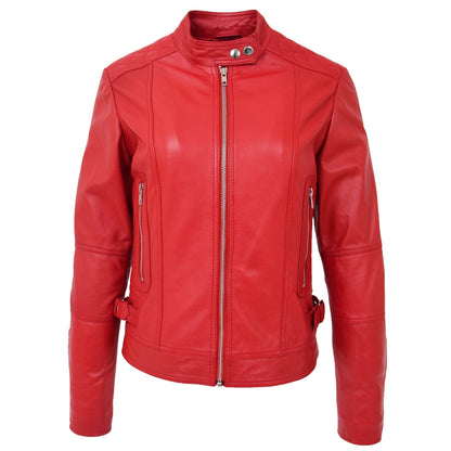 Womens Soft Leather Casual Zip Biker Jacket Ruby Red - genuine leather jacket in red with two outer pockets