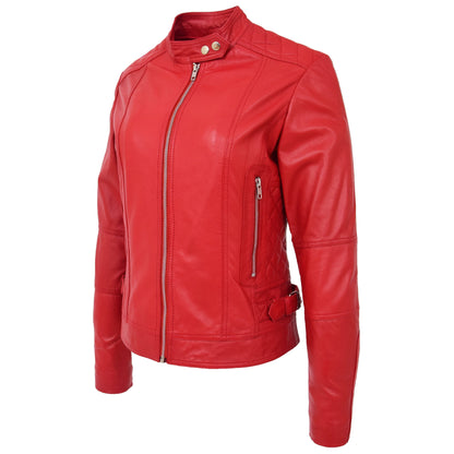 Womens Soft Leather Casual Zip Biker Jacket Ruby Red - genuine leather jacket in red with biker