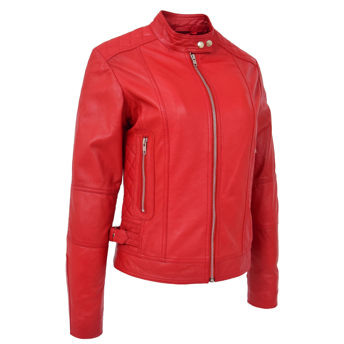 Womens Soft Leather Casual Zip Biker Jacket Ruby Red - genuine leather jacket in red with two outer pockets