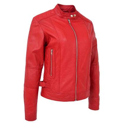 Womens Soft Leather Casual Zip Biker Jacket Ruby Red - genuine leather jacket in red with two outer pockets