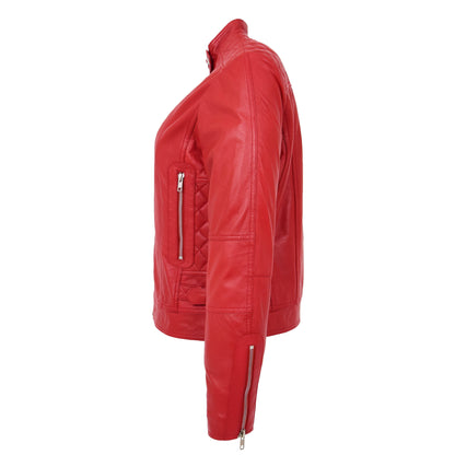 Womens Soft Leather Casual Zip Biker Jacket Ruby Red - genuine leather jacket in red with biker