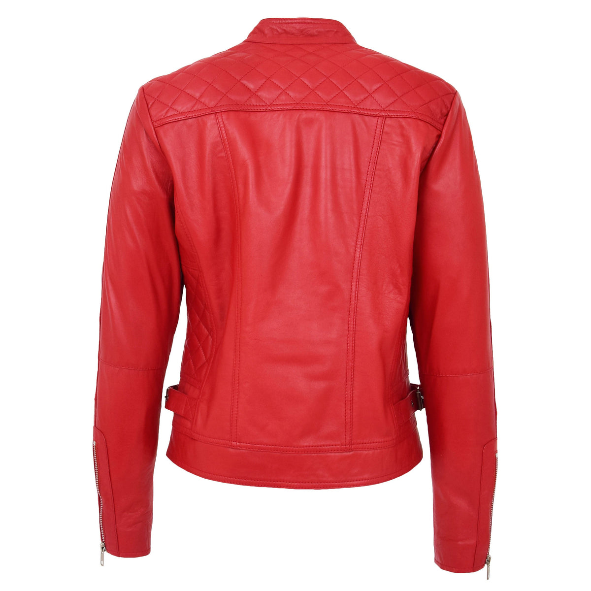 Womens Soft Leather Casual Zip Biker Jacket Ruby Red - genuine leather jacket in red with two outer pockets