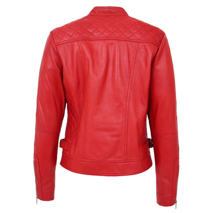Womens Soft Leather Casual Zip Biker Jacket Ruby Red - genuine leather jacket in red with two outer pockets