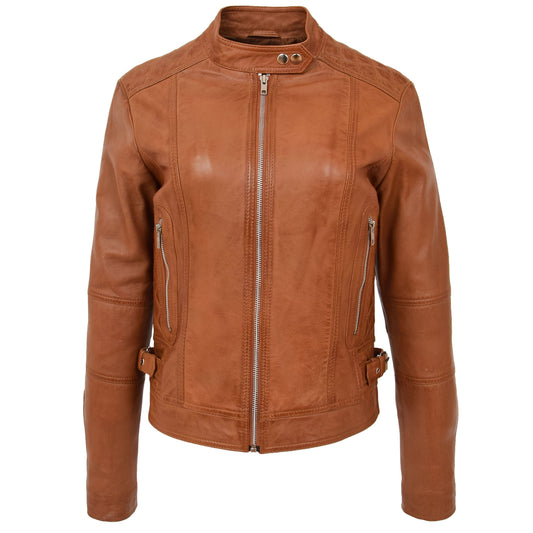 Womens Soft Leather Casual Zip Biker Jacket Ruby Tan - genuine leather jacket in tan with two outer pockets