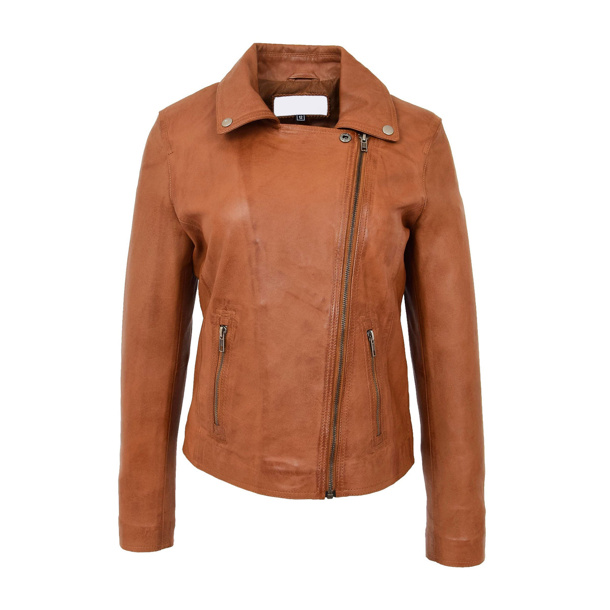 Womens Soft Leather Cross Zip Biker Jacket Lola Tan - genuine leather jacket in tan with two outer pockets