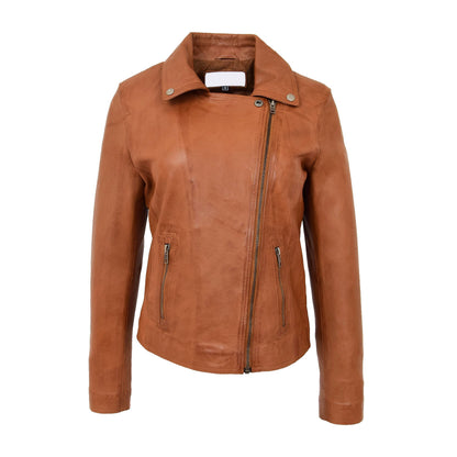 Womens Soft Leather Cross Zip Biker Jacket Lola Tan - genuine leather jacket in tan with two outer pockets