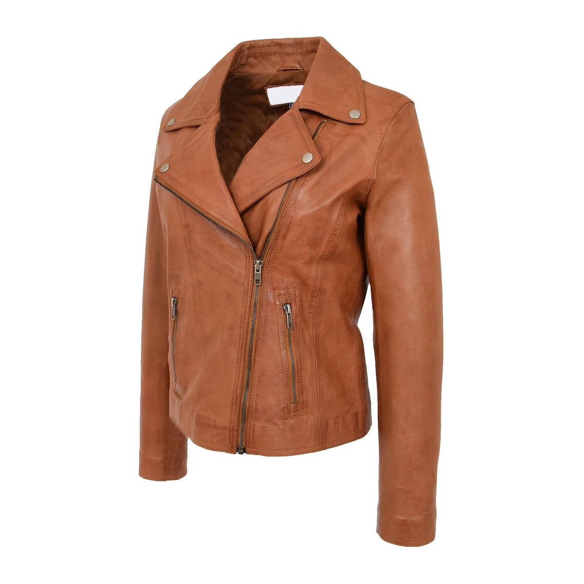 Womens Soft Leather Cross Zip Biker Jacket Lola Tan - genuine leather jacket in tan with cross zip
