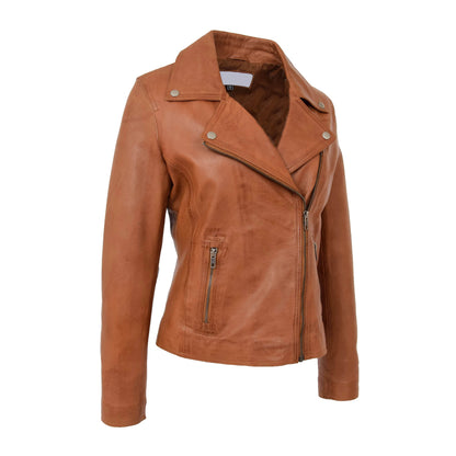 Womens Soft Leather Cross Zip Biker Jacket Lola Tan - genuine leather jacket in tan with biker