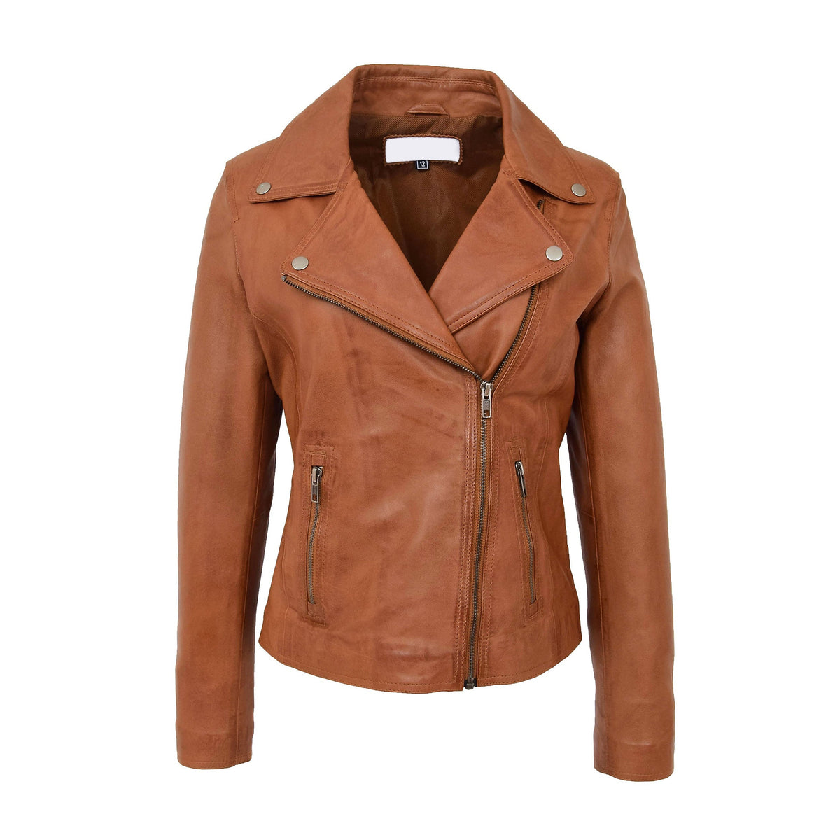 Womens Soft Leather Cross Zip Biker Jacket Lola Tan - genuine leather jacket in tan with cross zip