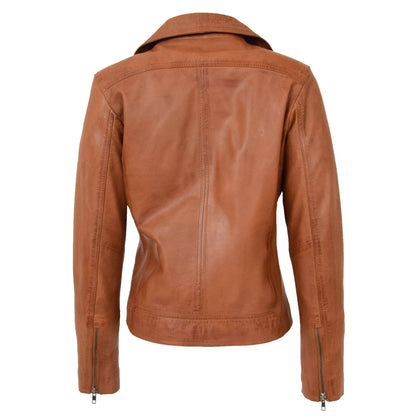 Womens Soft Leather Cross Zip Biker Jacket Lola Tan - genuine leather jacket in tan with two outer pockets