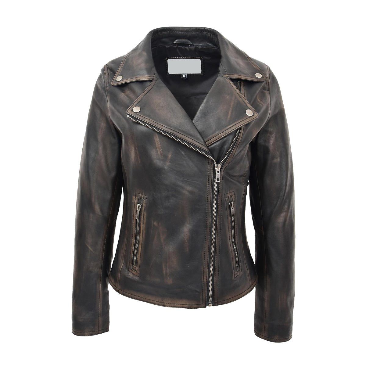 Womens Soft Leather Cross Zip Biker Jacket Lola Vintage Black - genuine leather jacket in vintage black with two outer pockets