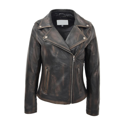 Womens Soft Leather Cross Zip Biker Jacket Lola Vintage Black - genuine leather jacket in vintage black with two outer pockets
