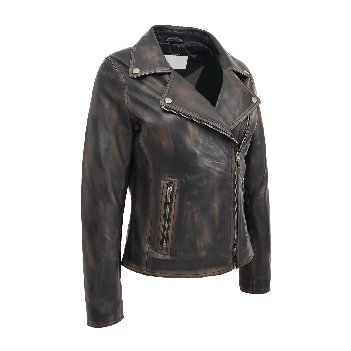 Womens Soft Leather Cross Zip Biker Jacket Lola Vintage Black - genuine leather jacket in vintage black with cross zip