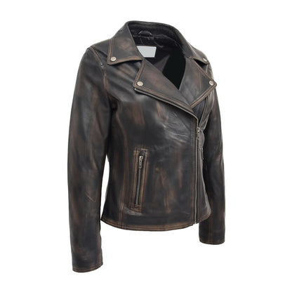 Womens Soft Leather Cross Zip Biker Jacket Lola Vintage Black - genuine leather jacket in vintage black with cross zip
