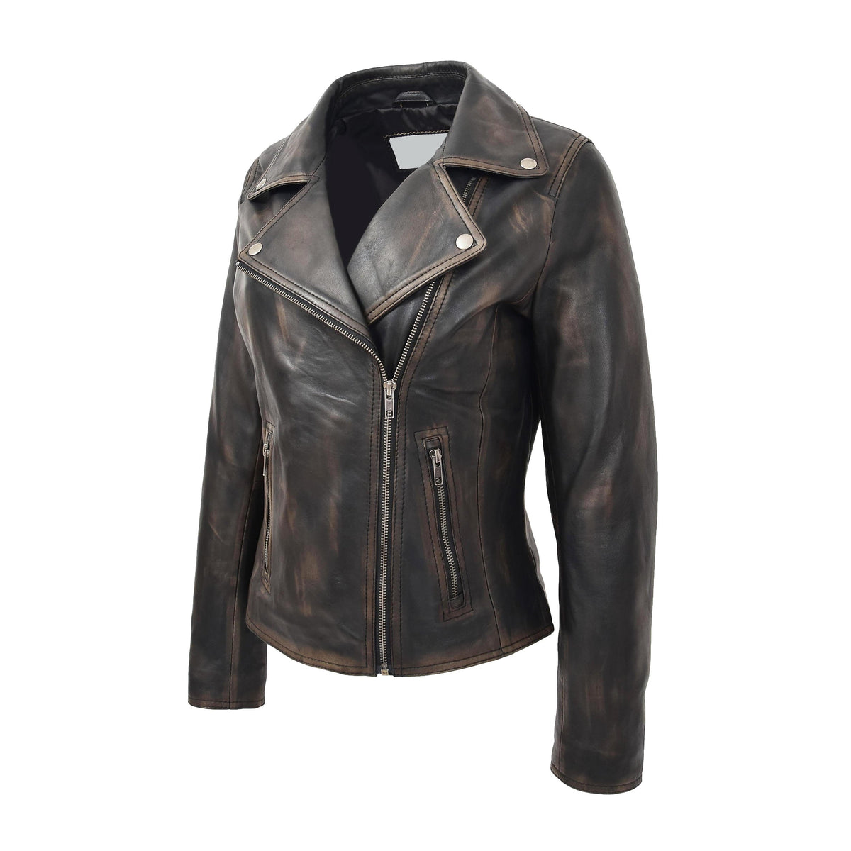Womens Soft Leather Cross Zip Biker Jacket Lola Vintage Black - genuine leather jacket in vintage black with vintage