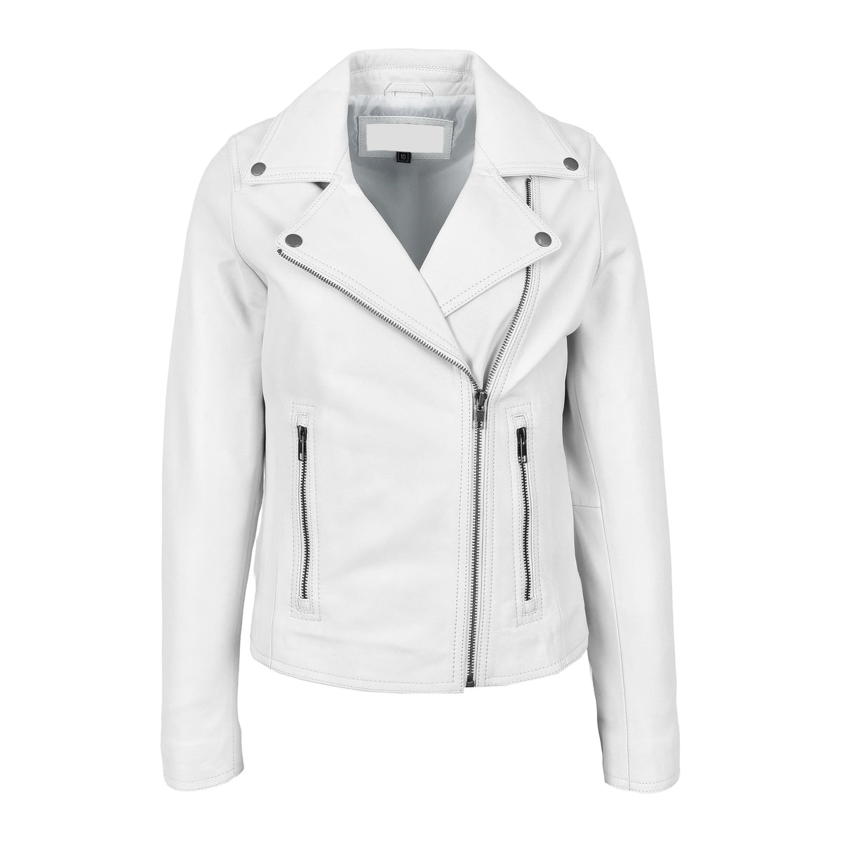 Womens Soft Leather Cross Zip Biker Jacket Lola White - genuine leather jacket in white with two outer pockets