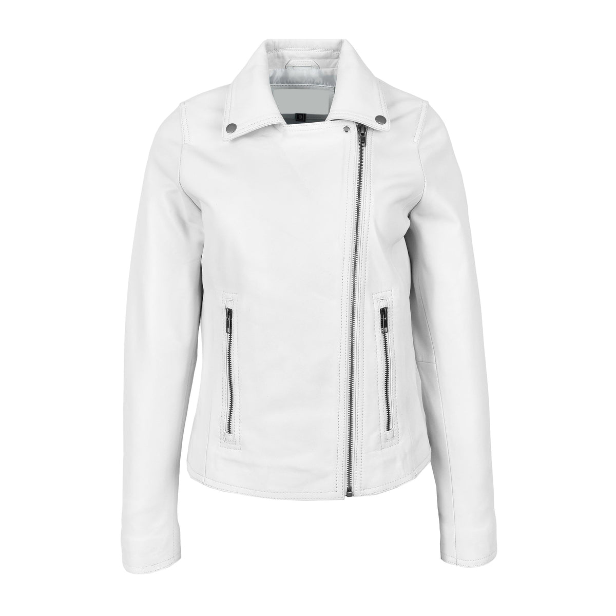 Womens Soft Leather Cross Zip Biker Jacket Lola White - genuine leather jacket in white with cross zip