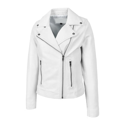 Womens Soft Leather Cross Zip Biker Jacket Lola White - genuine leather jacket in white with biker