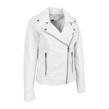 Womens Soft Leather Cross Zip Biker Jacket Lola White - genuine leather jacket in white with two outer pockets
