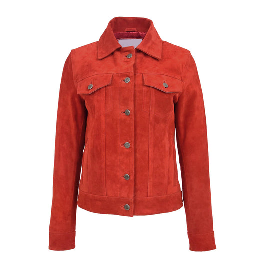 Womens Soft Suede Trucker Style Jacket Alma Red - genuine suede jacket in red with four outer pockets