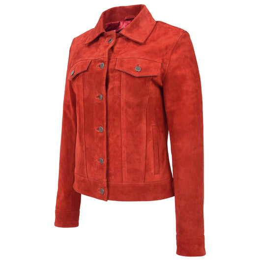 Womens Soft Suede Trucker Style Jacket Alma Red - genuine suede jacket in red with trucker