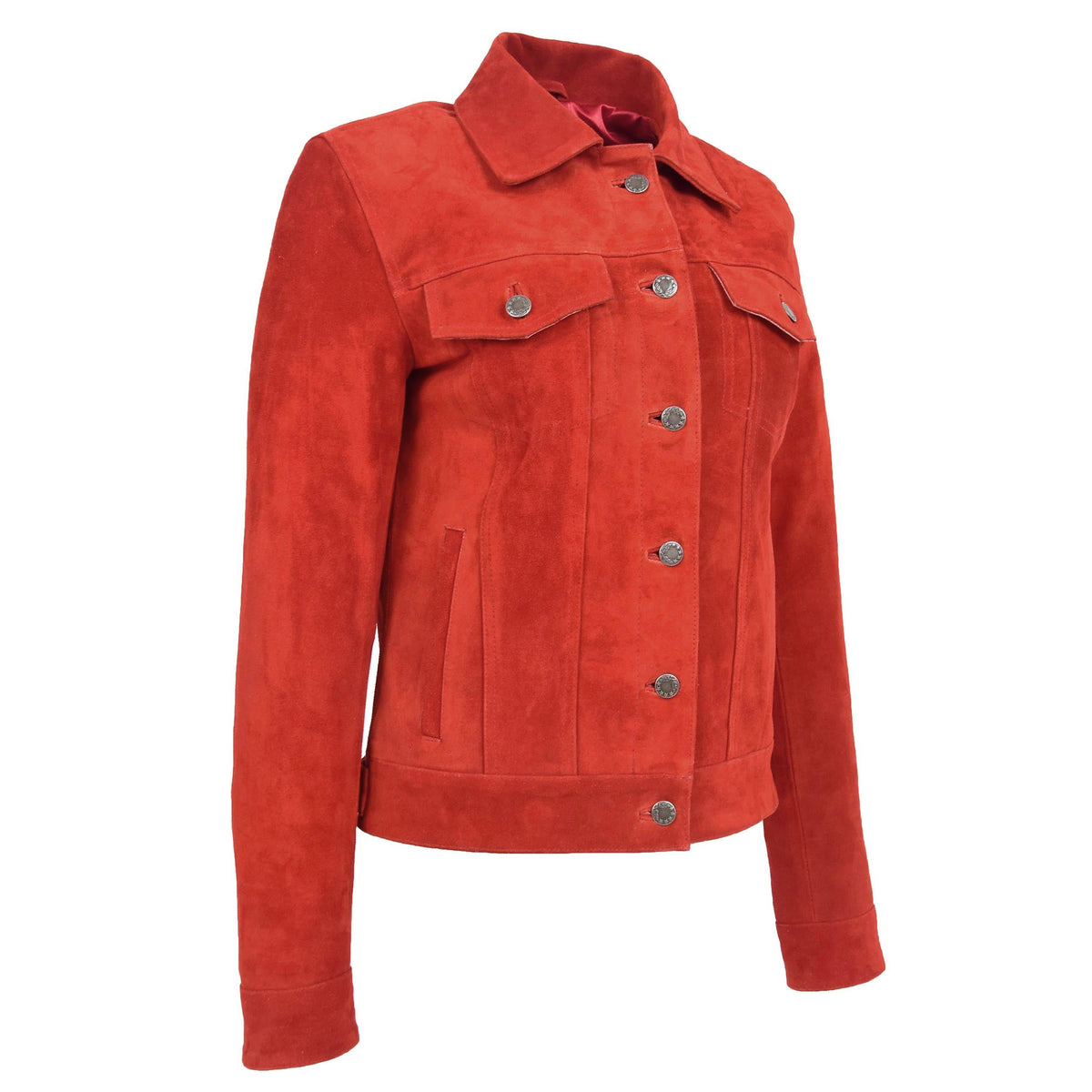 Womens Soft Suede Trucker Style Jacket Alma Red - genuine suede jacket in red with four outer pockets