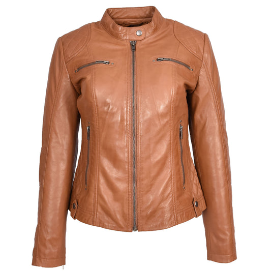 Womens Soft Tan Leather Biker Jacket Fitted Quilted Casual Cafe Racer Style Zip Fasten Fiona - genuine leather jacket with quilted