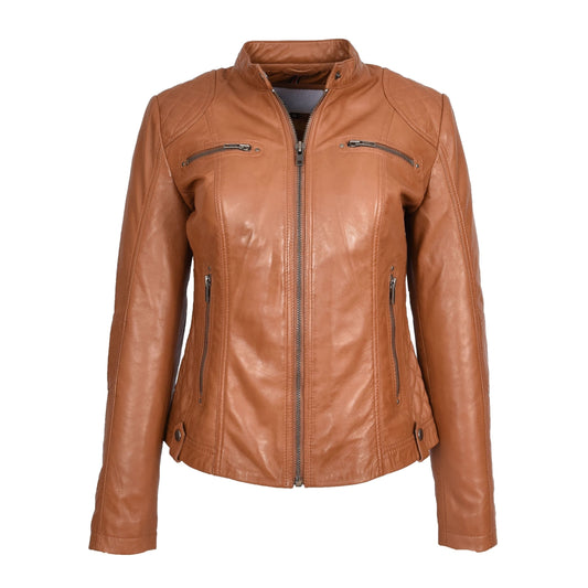Womens Soft Tan Leather Biker Jacket Fitted Quilted Casual Cafe Racer Style Zip Fasten Fiona - genuine leather jacket with fitted