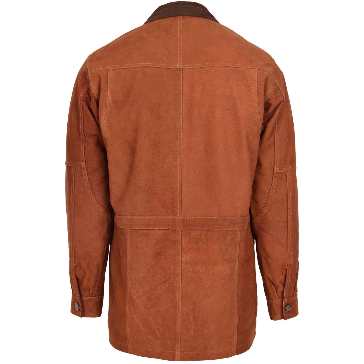 Mens leather winter car coat hip length Jason tan nubuck with six front pockets and drawstring collar