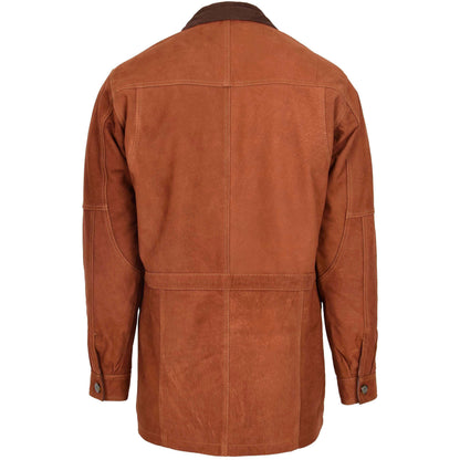 Mens leather winter car coat hip length Jason tan nubuck with six front pockets and drawstring collar